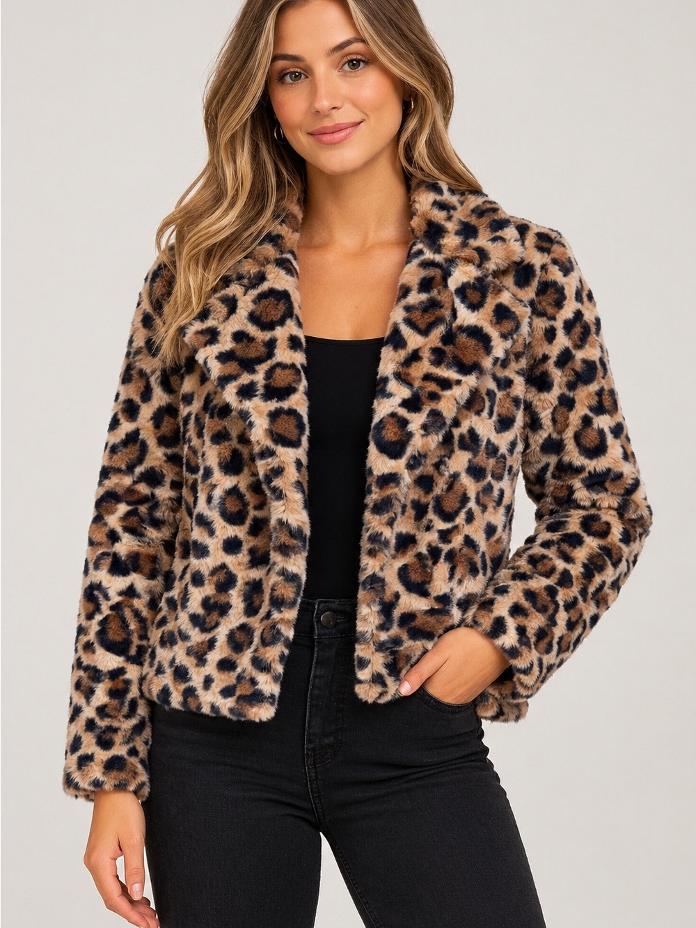 Love Tree Leopard Print Faux Fur Jacket Size L NWT